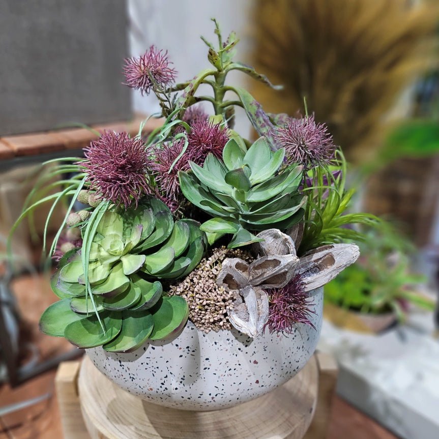 Tillandsia, Echeveria, Allium Flowers, Sora Pods and Berries in Terrazzo Bowl 19"H - LDF Silk