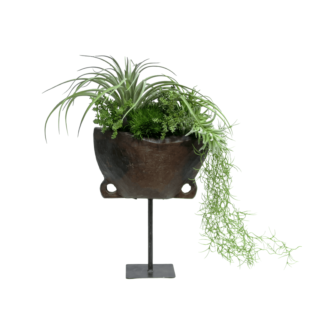 Tillandsia, Mixed Succulents, and Hanging Spanish Moss in Wooden Planter on Stand 18"H - LDF Silk