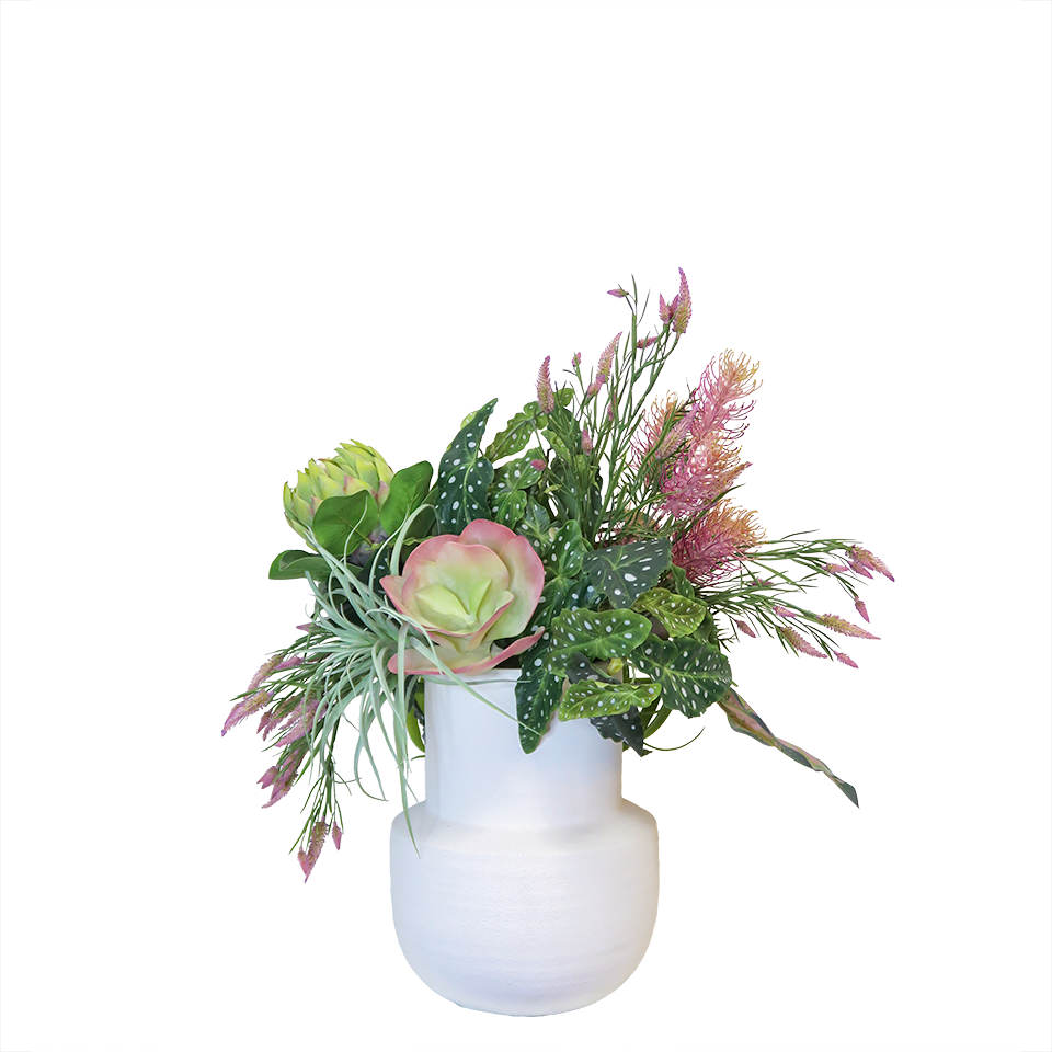 Tillandsia, Protea, Banksia, and Clover Spray with Caladium and Begonia Leaves in Ceramic 33"H - LDF Silk