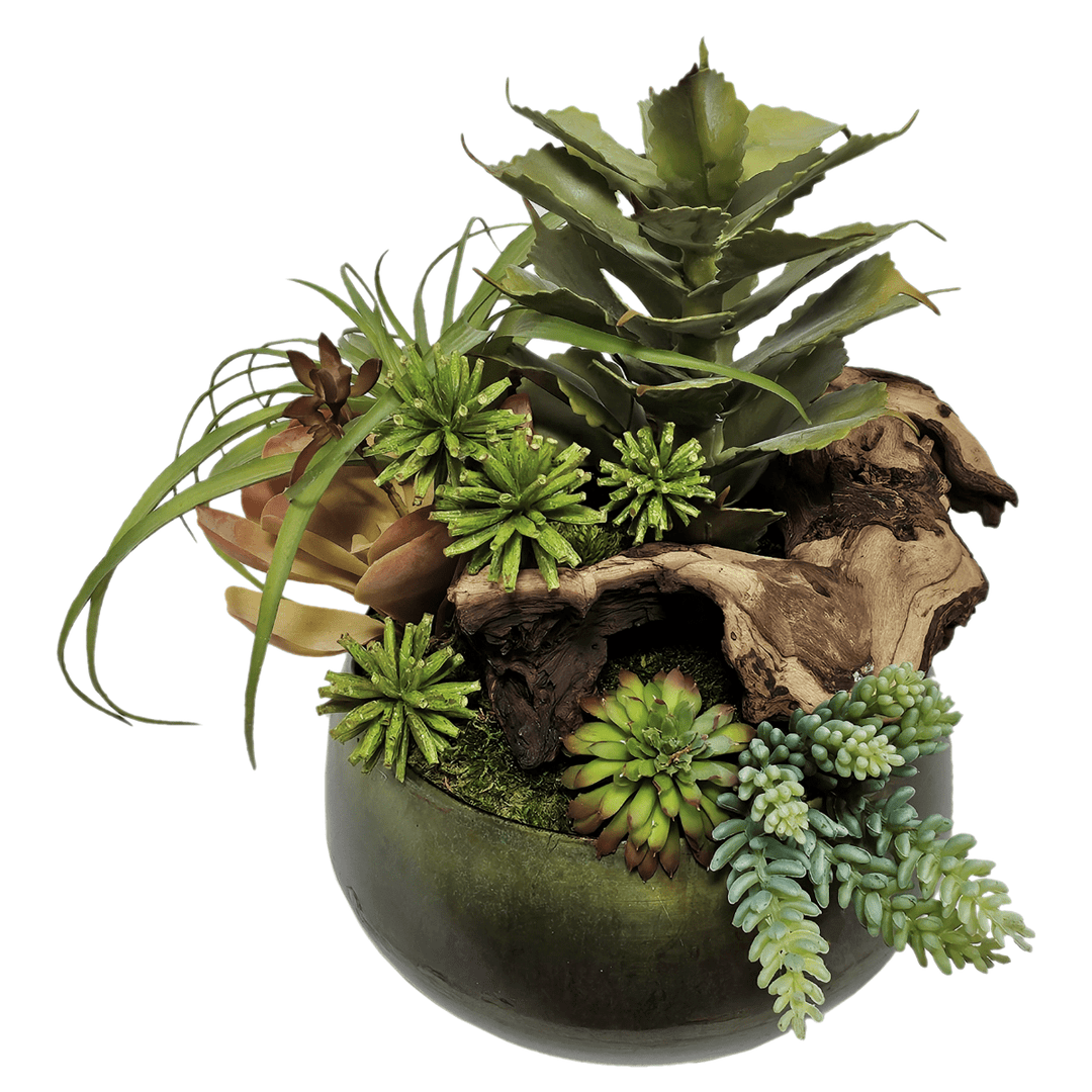 Tillandsia, Sedum, and Allium with Wood Fragments Metal Bowl. FH: 14" - LDF Silk