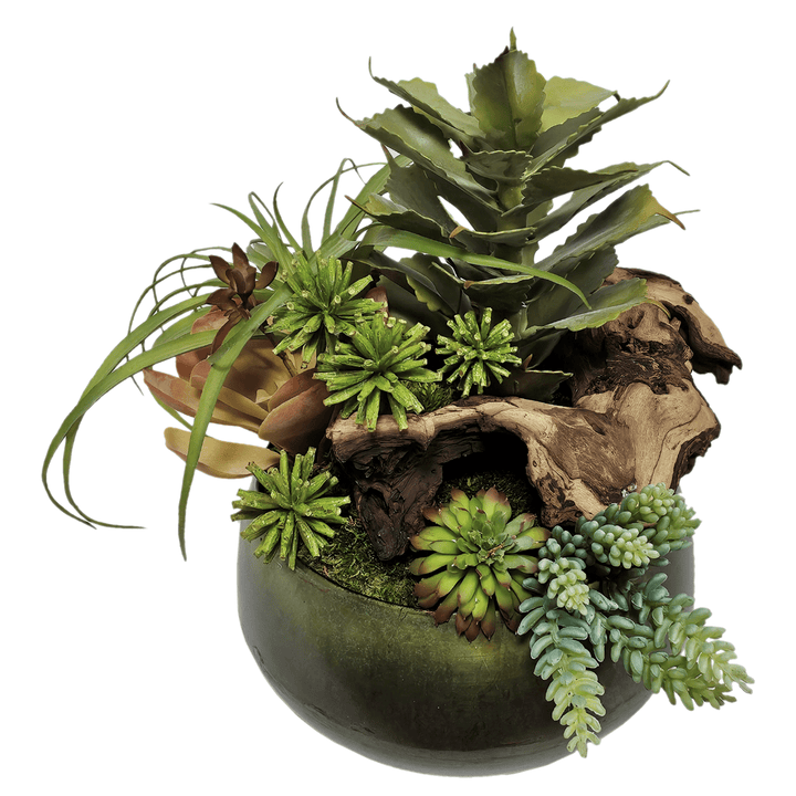 Tillandsia, Sedum, and Allium with Wood Fragments Metal Bowl. FH: 14" - LDF Silk