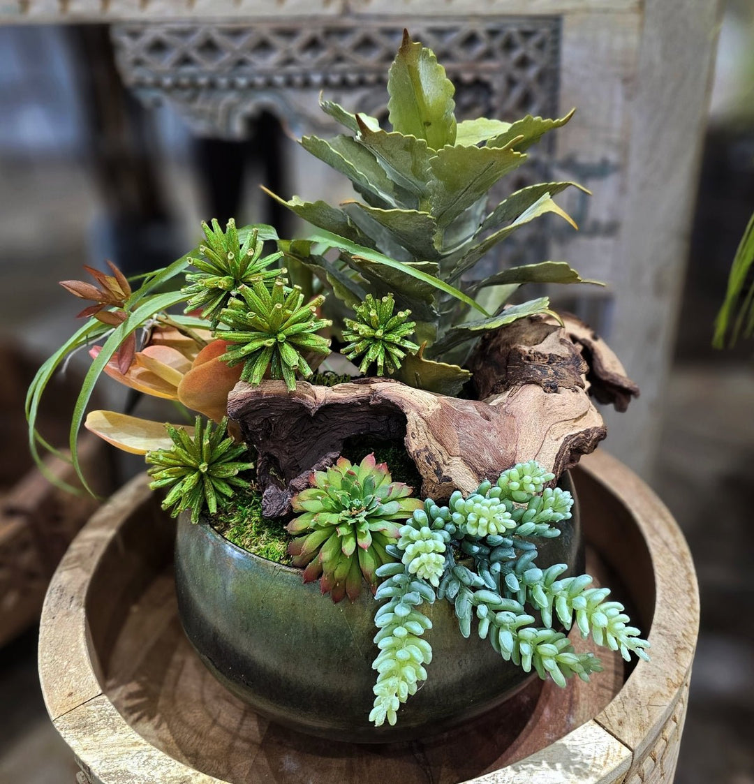 Tillandsia, Sedum, and Allium with Wood Fragments Metal Bowl. FH: 14" - LDF Silk