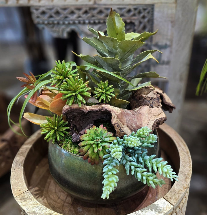 Tillandsia, Sedum, and Allium with Wood Fragments Metal Bowl. FH: 14" - LDF Silk