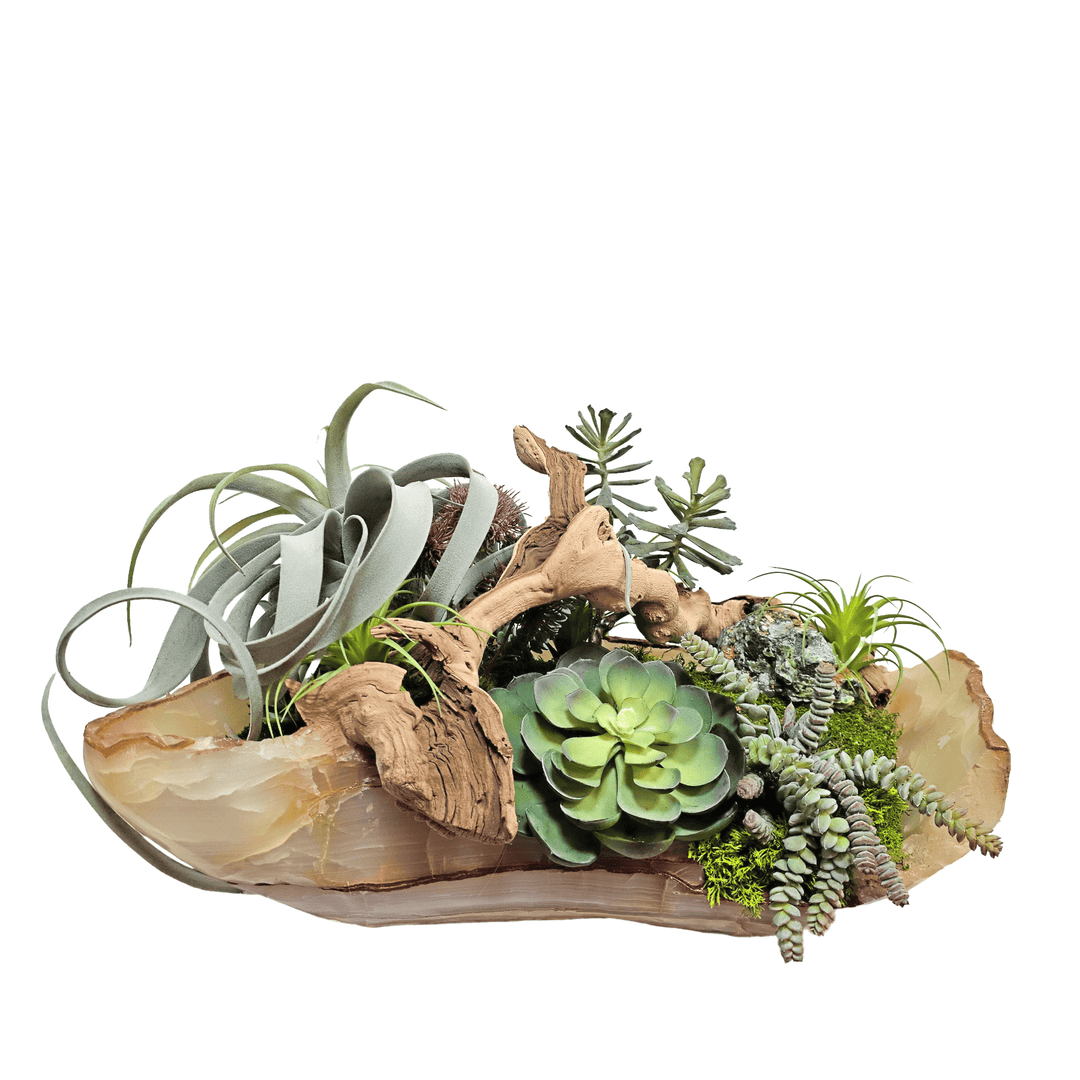 Tillandsia, Succulents and Specimen Stone in Onyx Bowl 16"H - LDF Silk