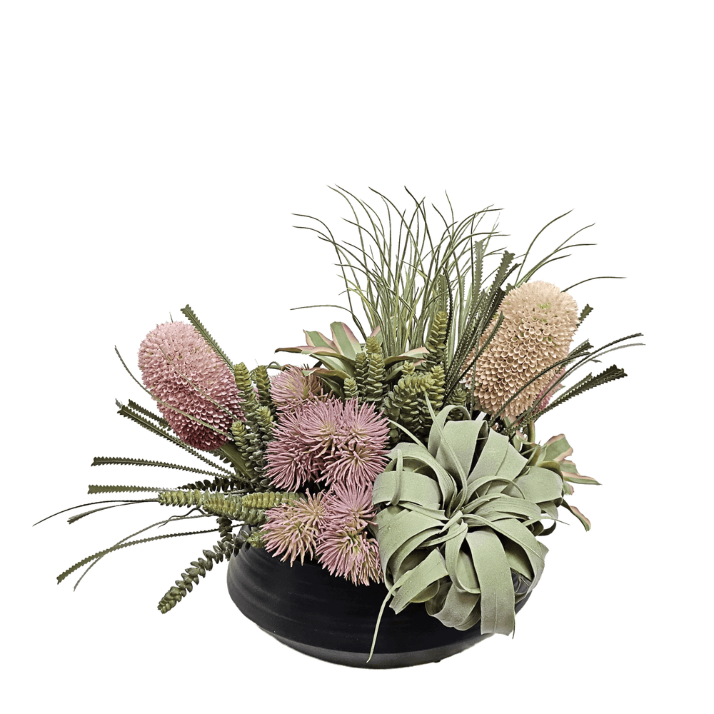 Tillandsia with Banksia, Burro's Tail, Thistle in Ceramic Bowl 22"H - LDF Silk