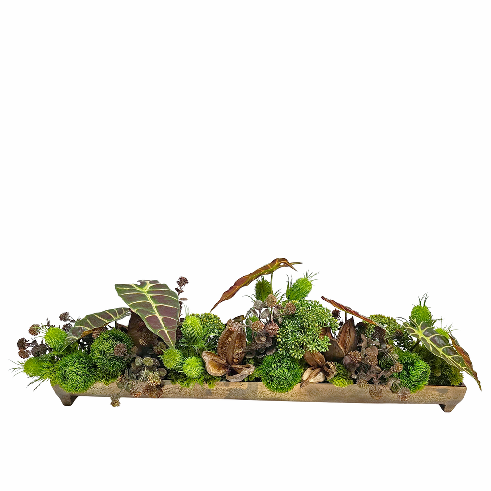Topical Leaves, Allium, Sedum with Sora Pods in Metal Rectangle Tray 14.5"H x 41"W X 11"D - LDF Silk