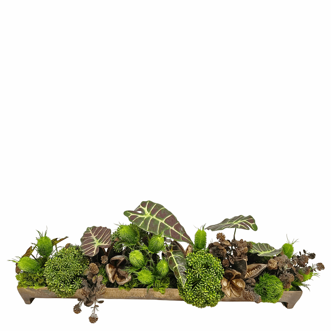 Topical Leaves, Allium, Sedum with Sora Pods in Metal Rectangle Tray 14.5"H x 41"W X 11"D - LDF Silk