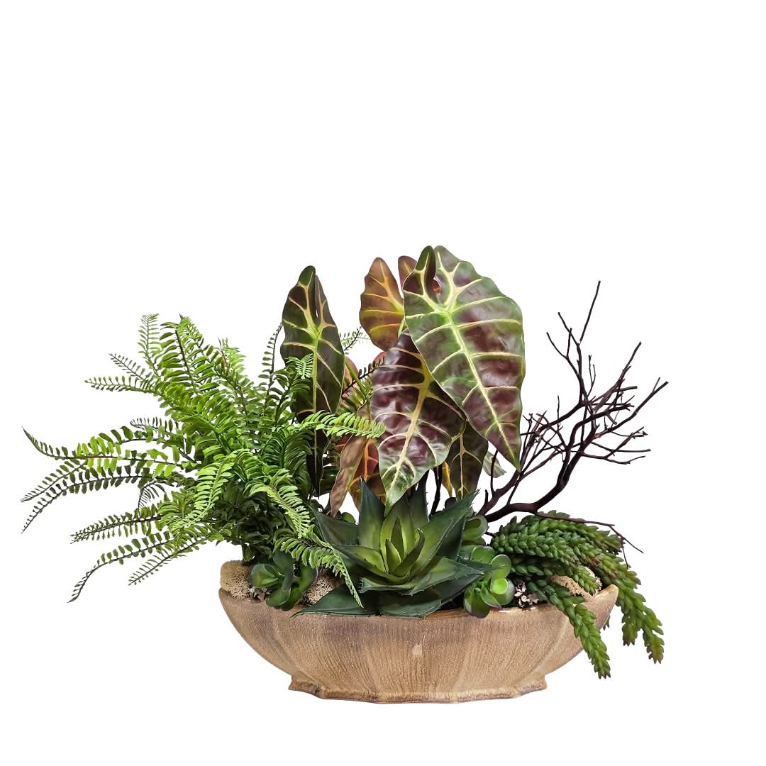 Tropical Leaves, Ferns, Branches and Succulents in Glazed Ceramic Oval 19"H - LDF Silk