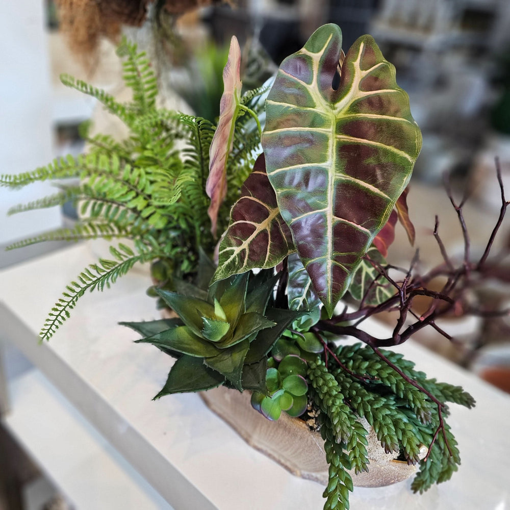 Tropical Leaves, Ferns, Branches and Succulents in Glazed Ceramic Oval 19"H - LDF Silk