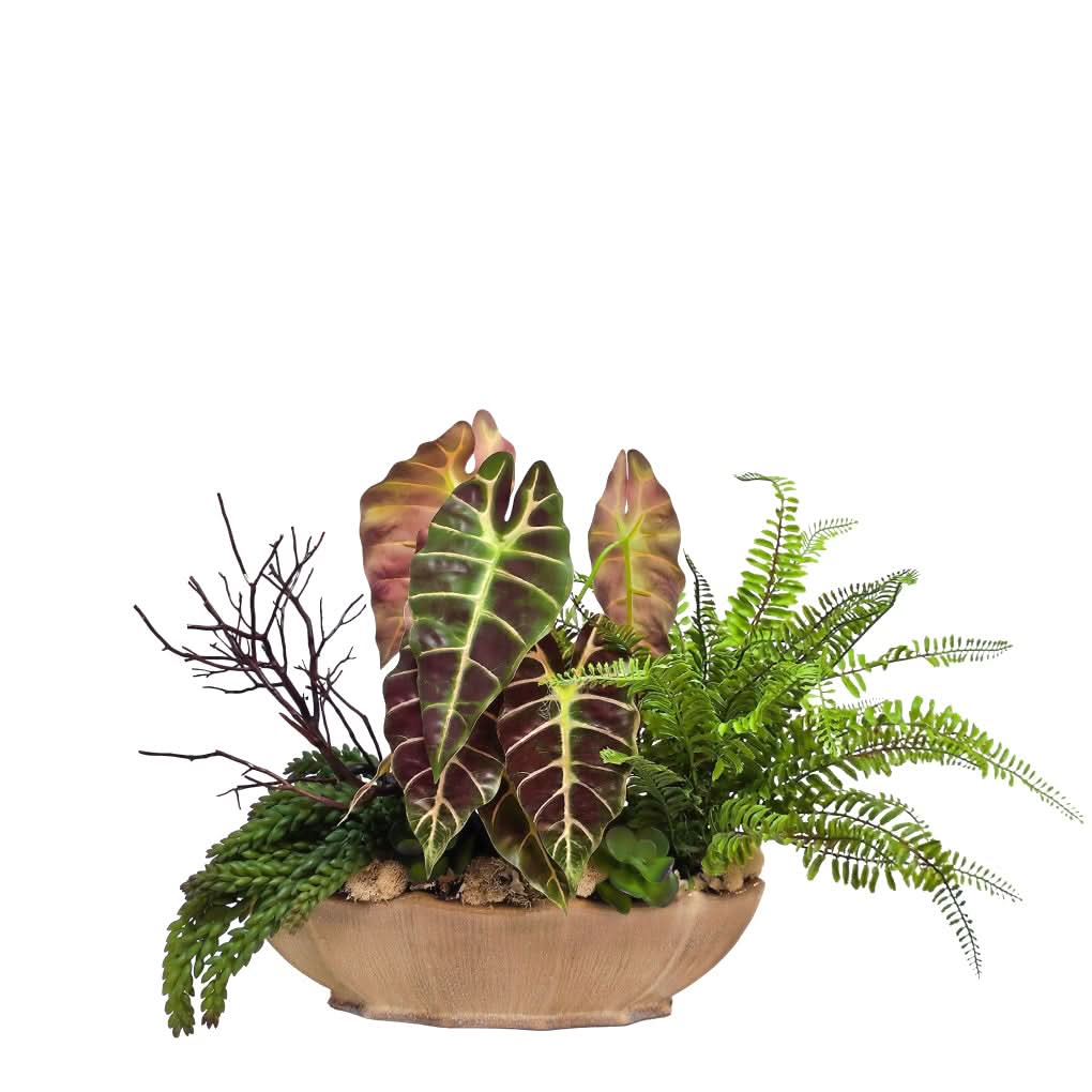 Tropical Leaves, Ferns, Branches and Succulents in Glazed Ceramic Oval 19"H - LDF Silk