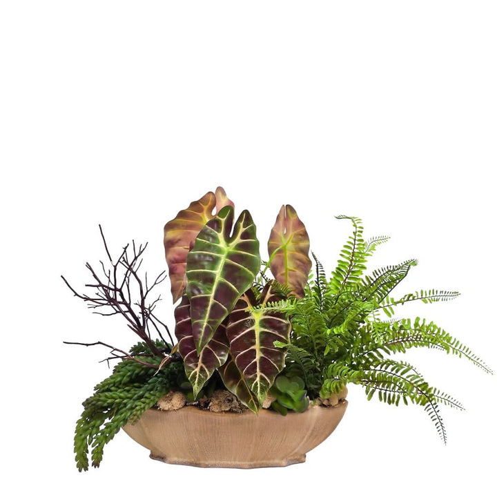 Tropical Leaves, Ferns, Branches and Succulents in Glazed Ceramic Oval 19"H - LDF Silk