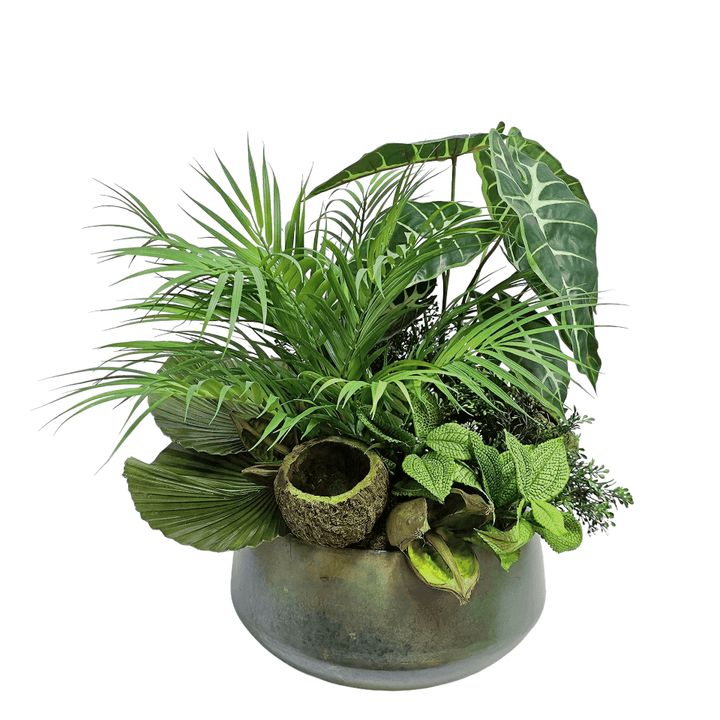 Tropical Leaves, Palms and Coconut Pods in Verdigris Metal Bowl 22"H - LDF Silk