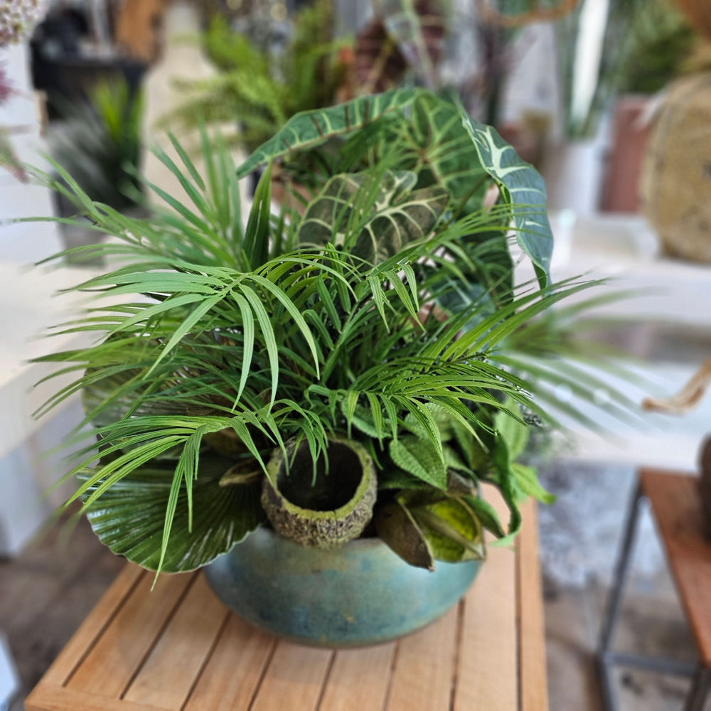Tropical Leaves, Palms and Coconut Pods in Verdigris Metal Bowl 22"H - LDF Silk