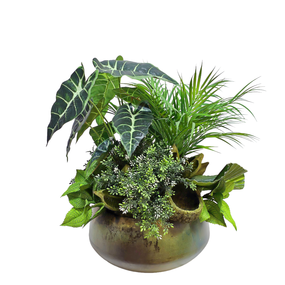 Tropical Leaves, Palms and Coconut Pods in Verdigris Metal Bowl 22"H - LDF Silk