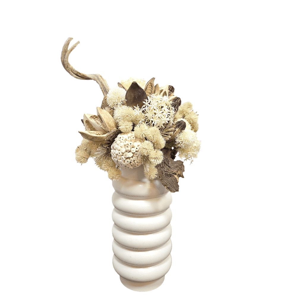 Twisted Vine and Wood Fragment with Mixed Natural Spheres, Sora Pods and Thistle in Ceramic 29"H - LDF Silk