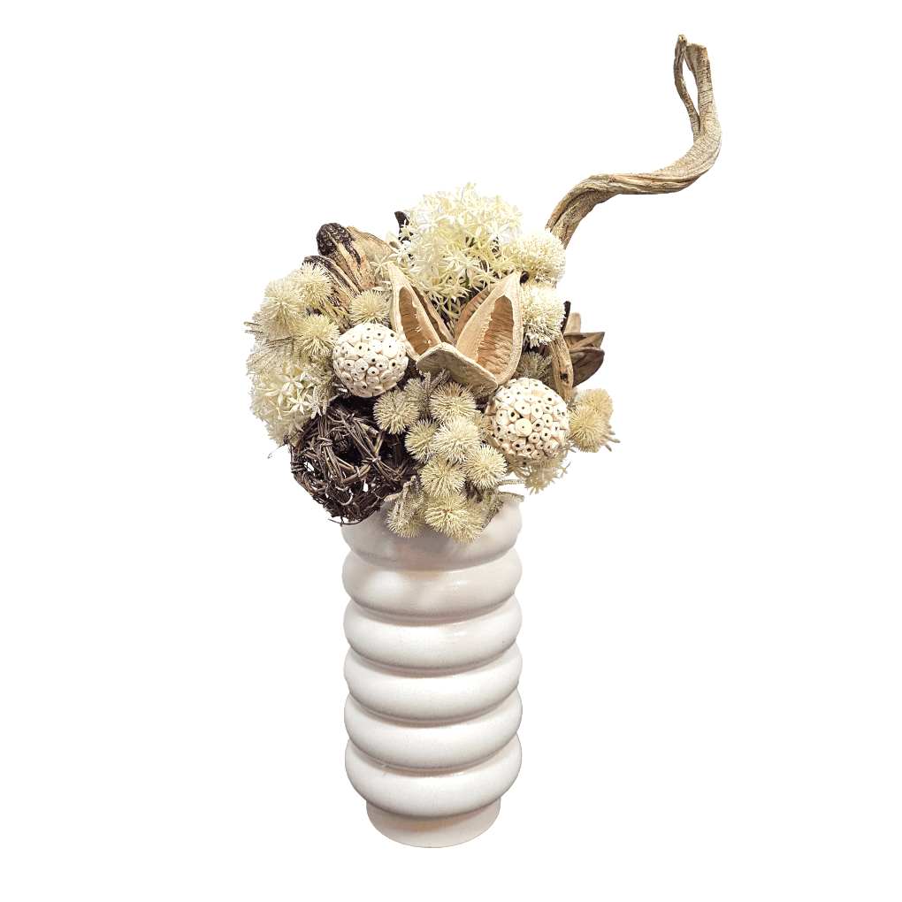 Twisted Vine and Wood Fragment with Mixed Natural Spheres, Sora Pods and Thistle in Ceramic 29"H - LDF Silk