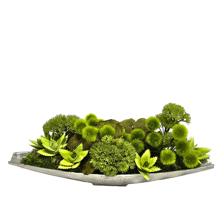 Various Allium, Mushrooms, and Aloe in Metal Boat. 10" H - LDF SilkArtificial Flora