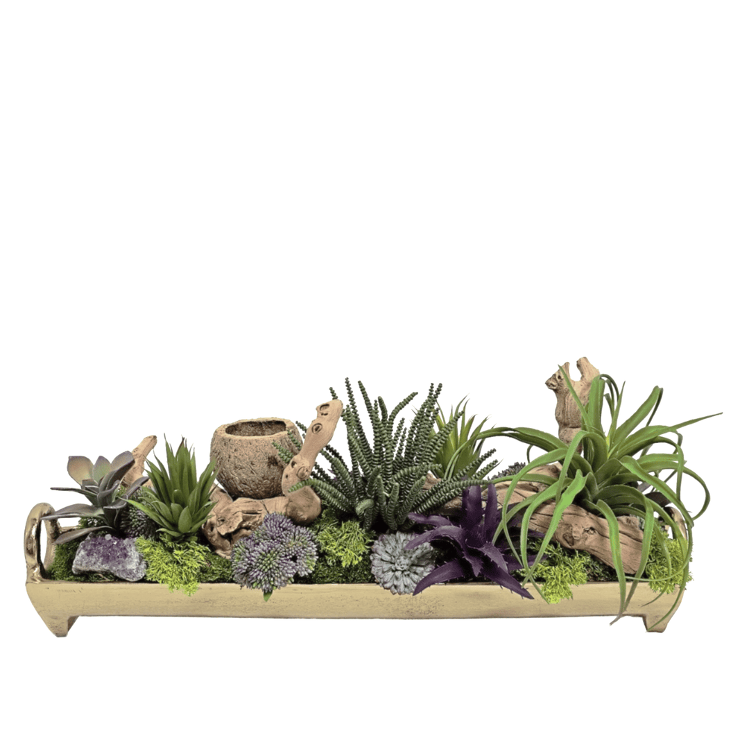 Various Succulents with Amethyst and Wood Fragments in Metal Tray. FH:10" - LDF SilkArtificial Flora