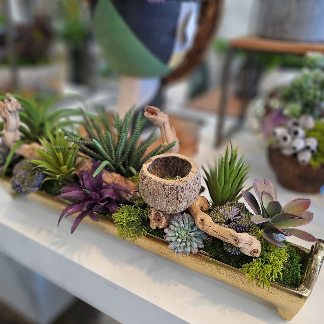 Various Succulents with Amethyst and Wood Fragments in Metal Tray. FH:10" - LDF SilkArtificial Flora