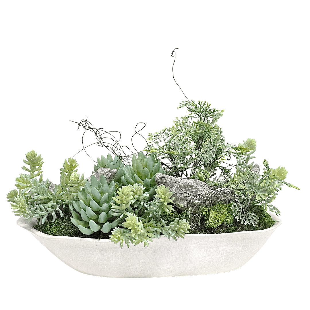 Various Succulents with Wood Fragments and Twine in Ceramic Boat. 10"H - LDF SilkArtificial Flora
