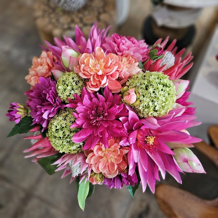 Water Lily, Lotus Buds, Protea, and Dahlias with Snowballs in Metal Hammered Bowl 13"H - LDF Silk