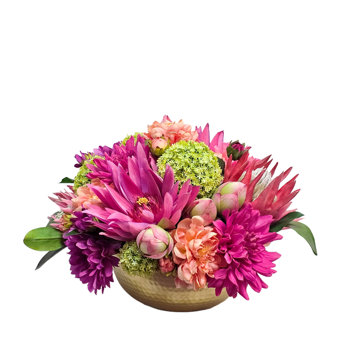 Water Lily, Lotus Buds, Protea, and Dahlias with Snowballs in Metal Hammered Bowl 13"H - LDF Silk