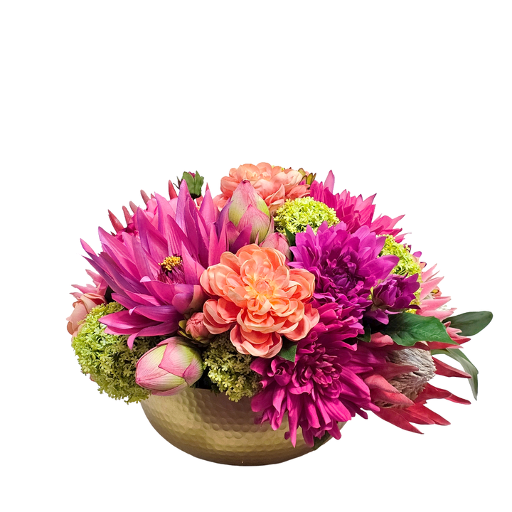 Water Lily, Lotus Buds, Protea, and Dahlias with Snowballs in Metal Hammered Bowl 13"H - LDF Silk