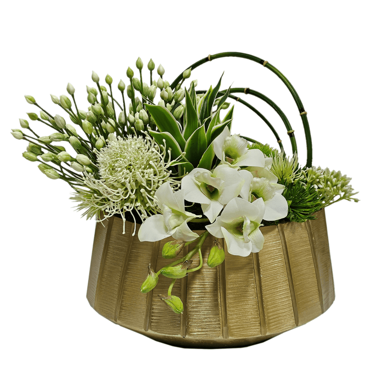 White Agapanthus, Protea, Horsetail Reeds and Dendrobium Orchid in Gold Metal Oval 11"H - LDF Silk