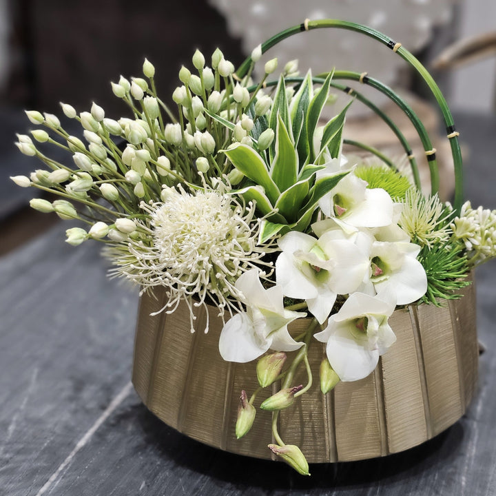 White Agapanthus, Protea, Horsetail Reeds and Dendrobium Orchid in Gold Metal Oval 11"H - LDF Silk