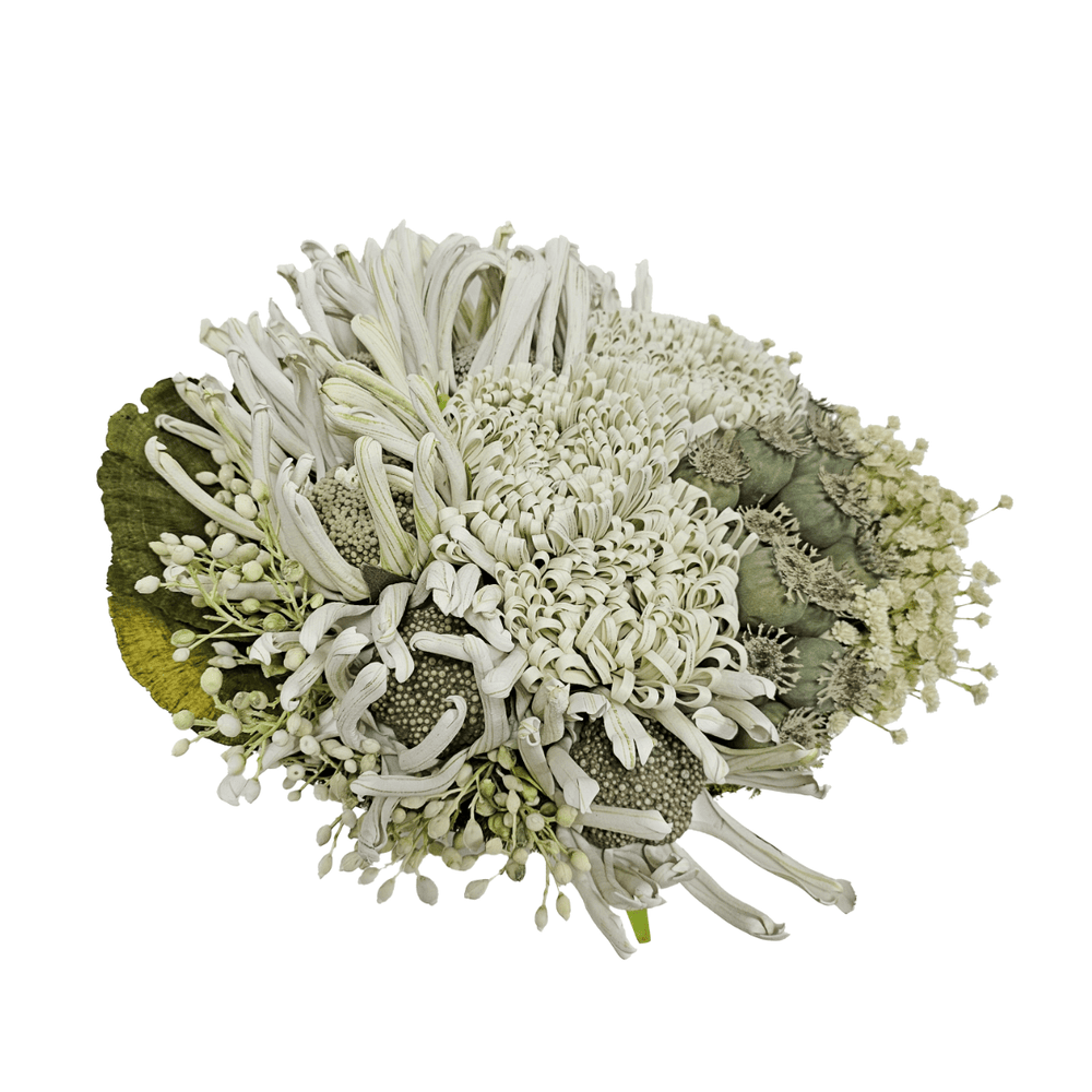 White Foam Flowers, Eucalyptus Pods & Baby's Breath in Silver Metal Raw Edge Bowl. 10"H - LDF Silk