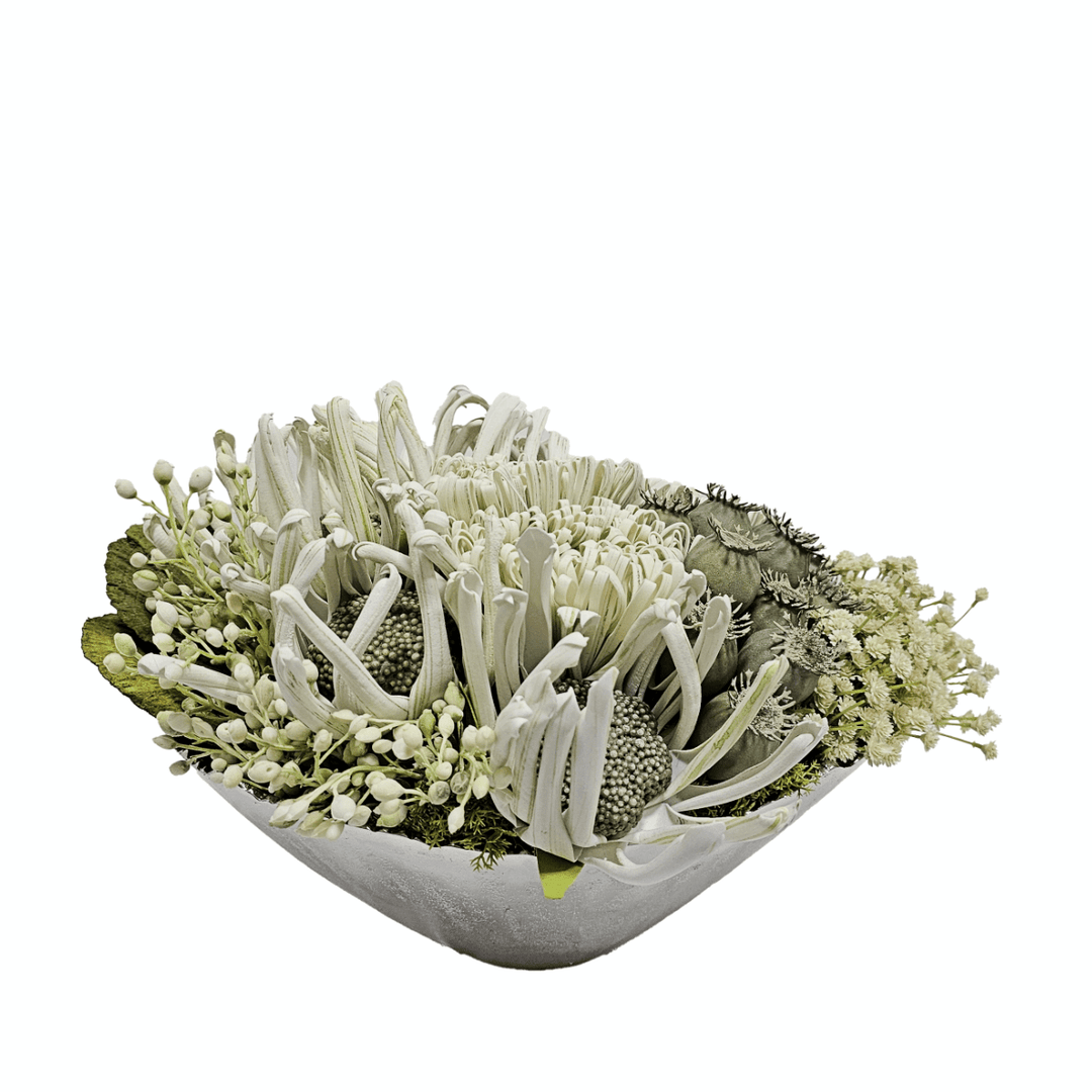 White Foam Flowers, Eucalyptus Pods & Baby's Breath in Silver Metal Raw Edge Bowl. 10"H - LDF Silk