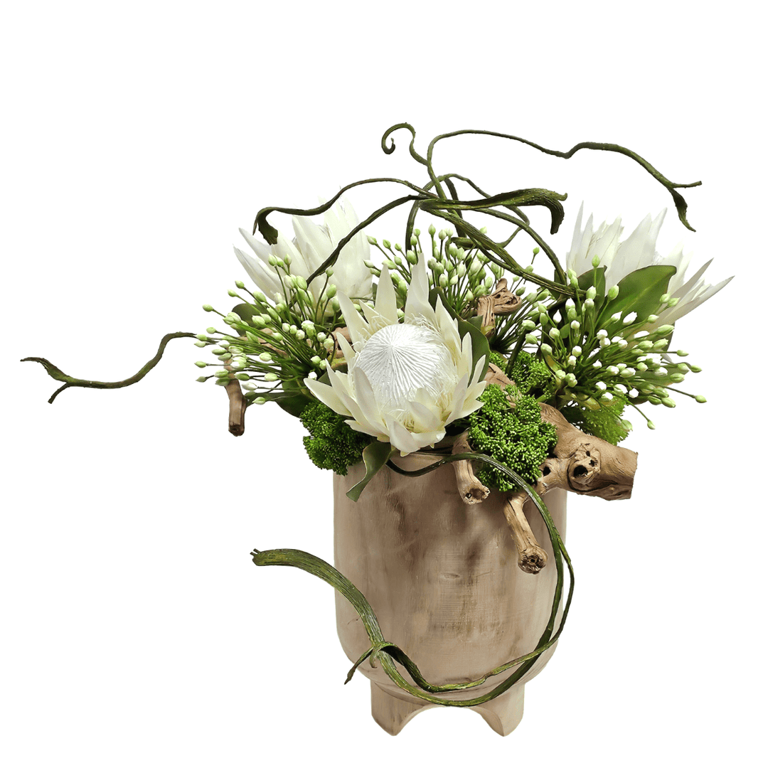 White Protea, Agapanthus Grapewood and Staghorn Fern in Wood Vase. FH: 27"H - LDF SilkArtificial Flora