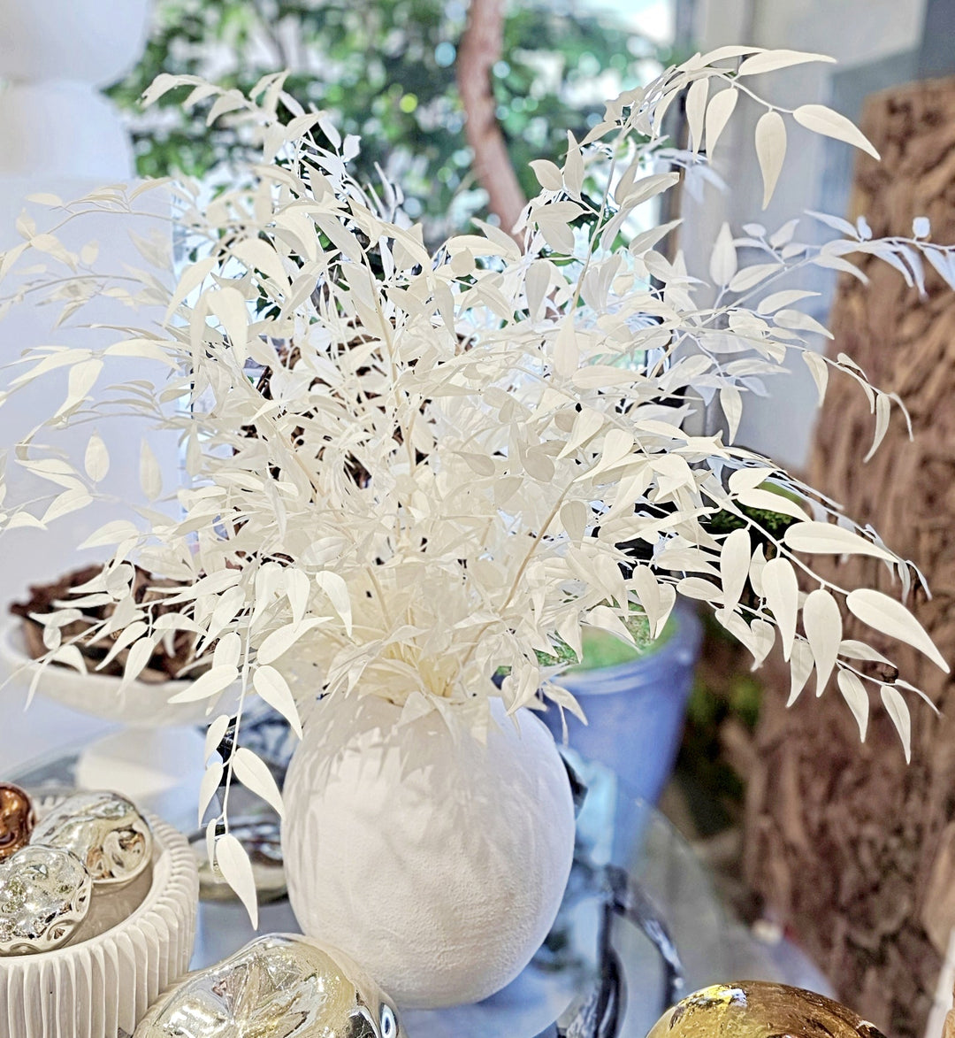 White Ruscus Branches in Textured Matte White Round Terra Cotta Vase FH: 34" - LDF Silk