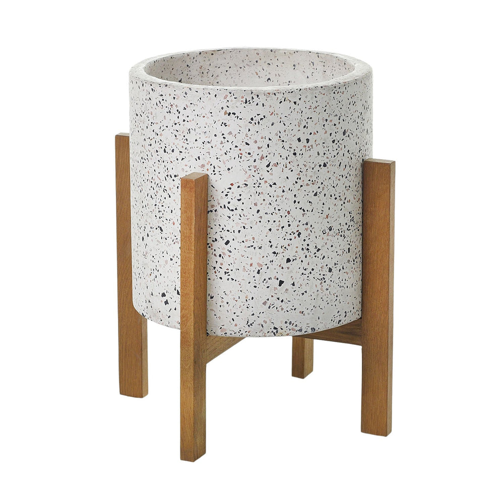 White Terrazzo Round Planter on Wood Stand - LDF SilkCONTAINERS