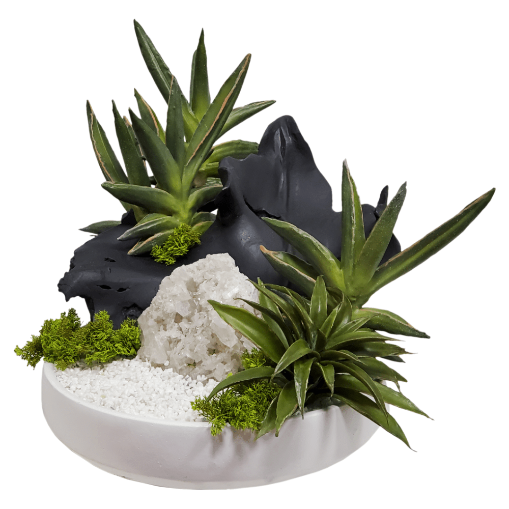 Wood Fragment, Crystal, Succulents and Pebbles in Bowl 18"H - LDF Silk