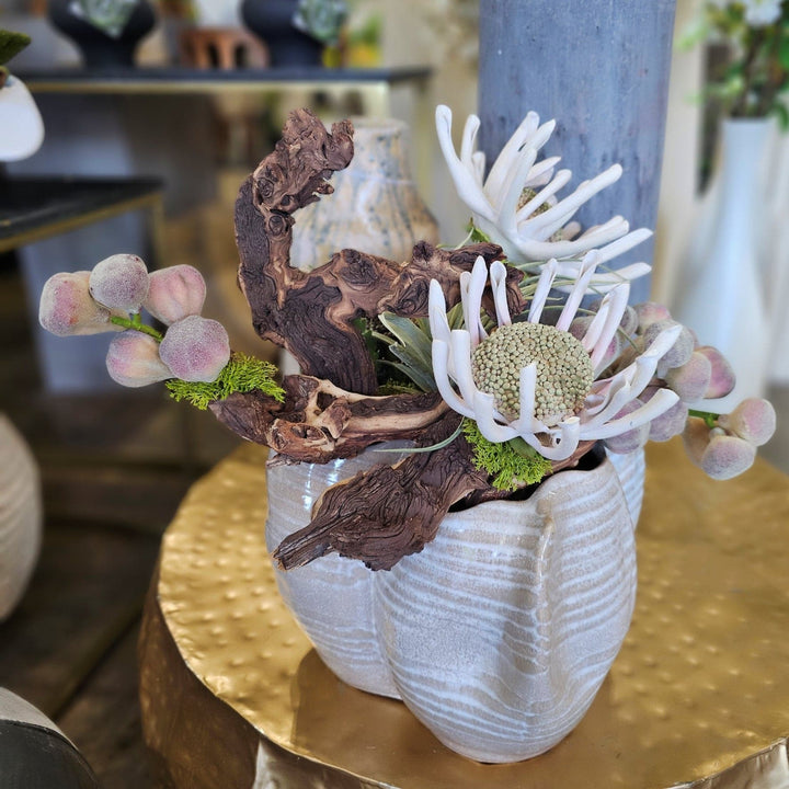 Wood Fragments, Flowers and Figs in Organic Beige Striped Ceramic Vase 18"H - LDF Silk