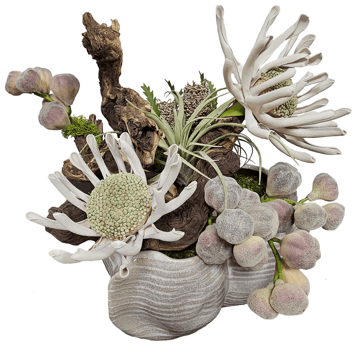 Wood Fragments, Flowers and Figs in Organic Beige Striped Ceramic Vase 18"H - LDF Silk