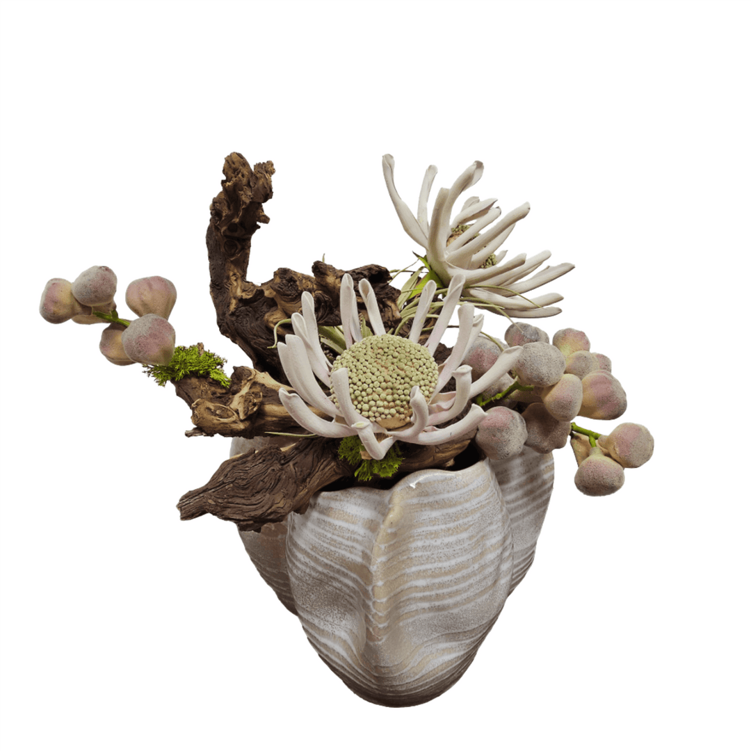 Wood Fragments, Flowers and Figs in Organic Beige Striped Ceramic Vase 18"H - LDF Silk