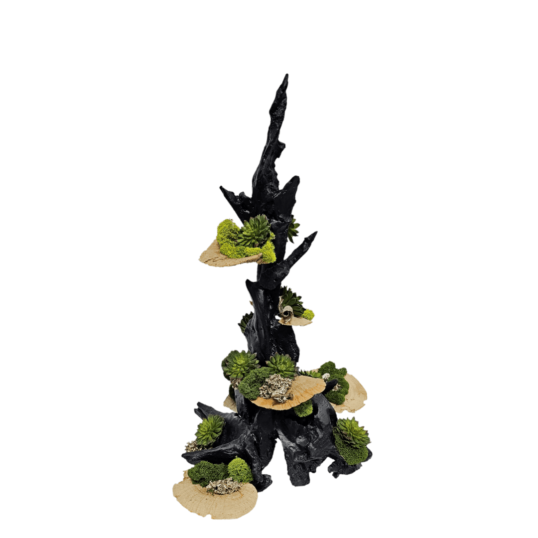 Wood Sculpture with Dried Mushroom, Succulents and Mixed Mosses. FH: 22" - LDF Silk