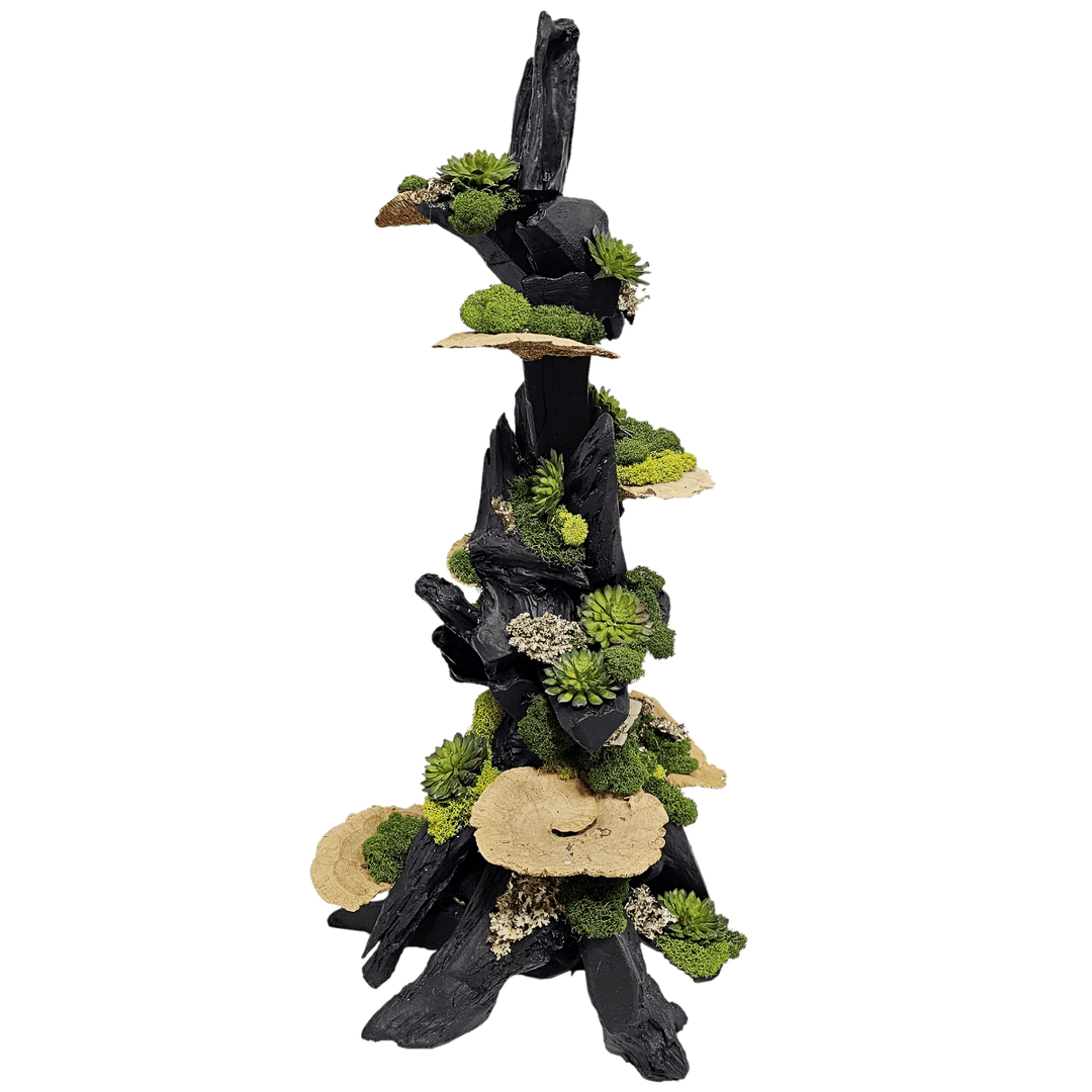 Wood Sculpture with Dried Mushroom, Succulents and Mixed Mosses. FH: 28" - LDF Silk