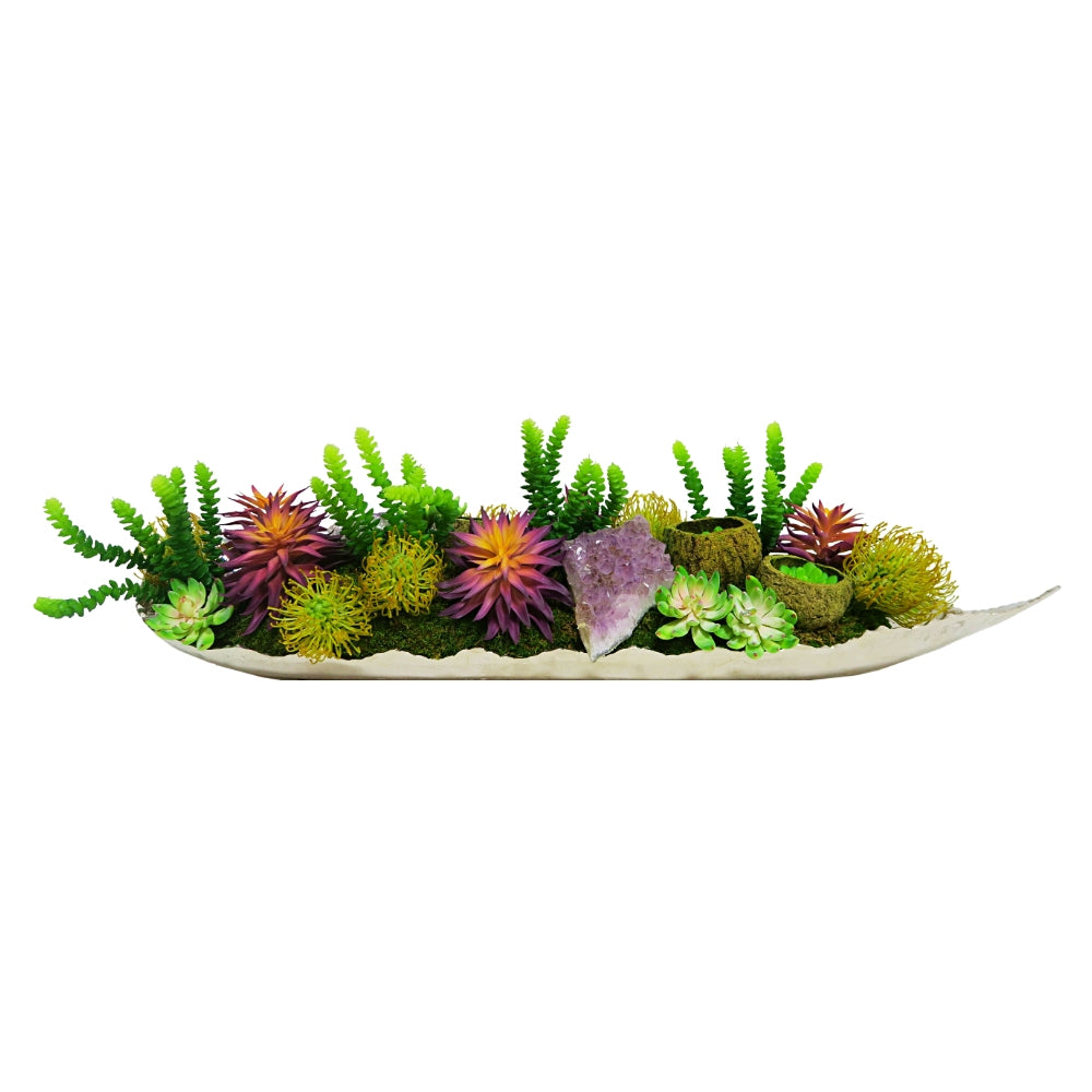 Succulents, Amethyst Crystal, Protea and Mixed Succulents with Dried Bell Cups in Container