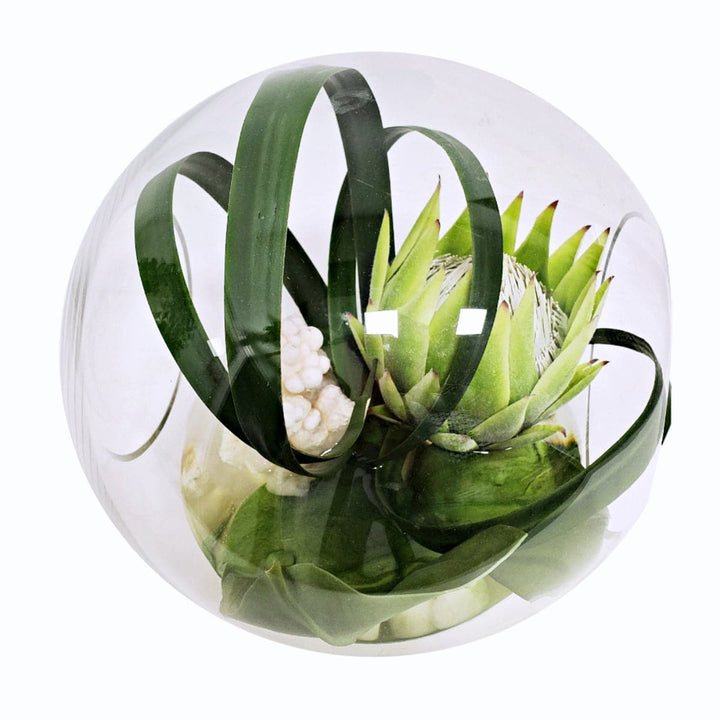 Protea, Natural Crystal, Tropical Leaves in Glass Globe Terrarium
