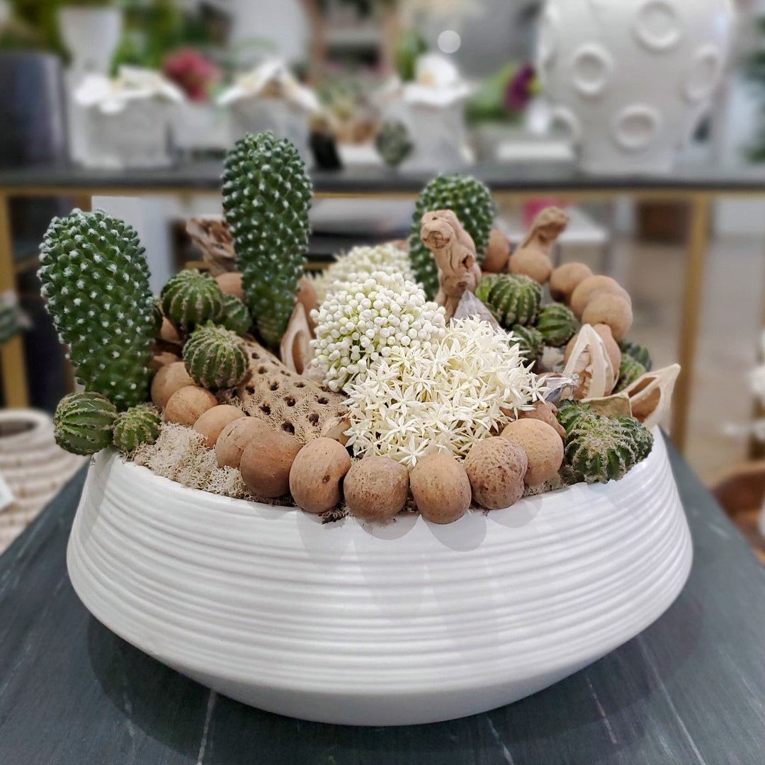 Cactus, Grapewood, Allium, Sora Pods and Gourd Garland in Ceramic 13"H