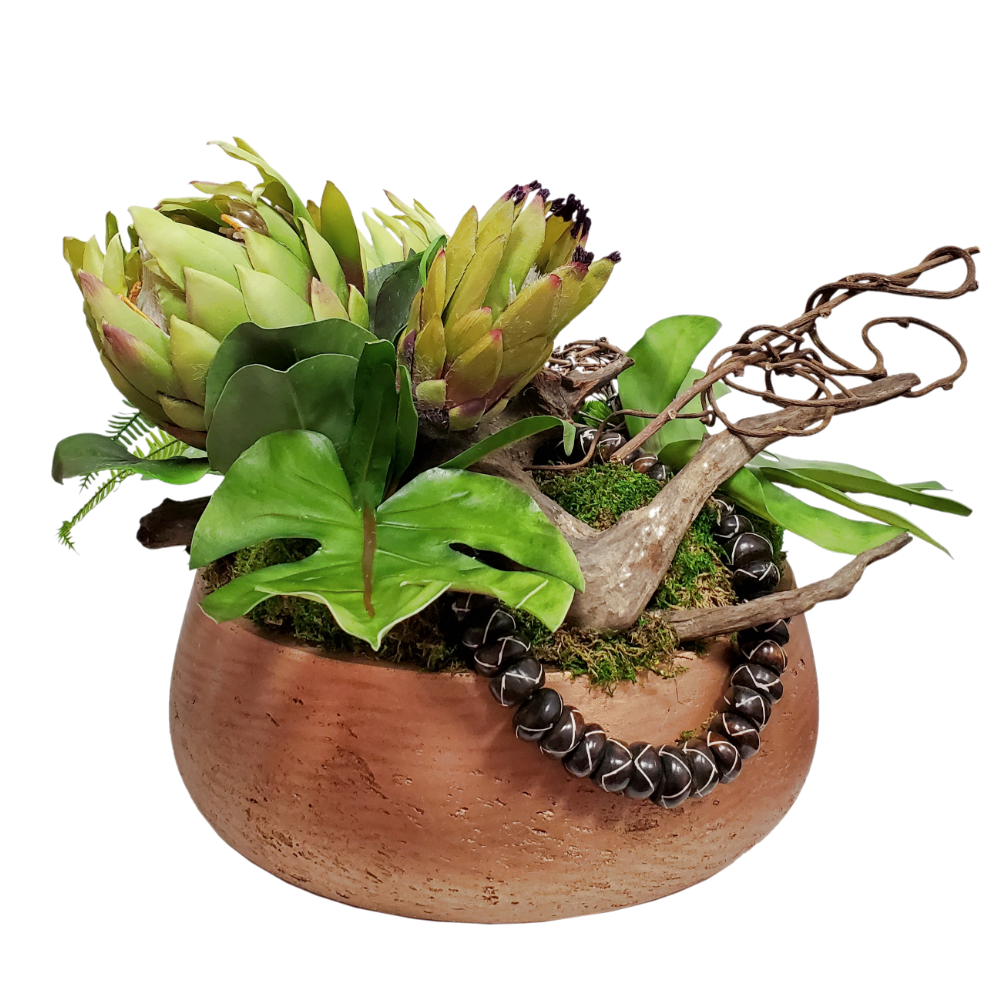 Protea, Tropical Leaves, African Beads, Driftwood and Kiwi in Bowl 15"H