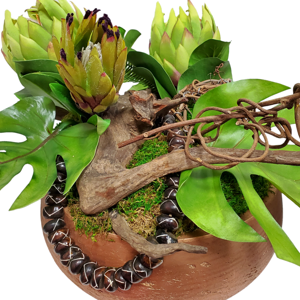 Protea, Tropical Leaves, African Beads, Driftwood and Kiwi in Bowl 15"H