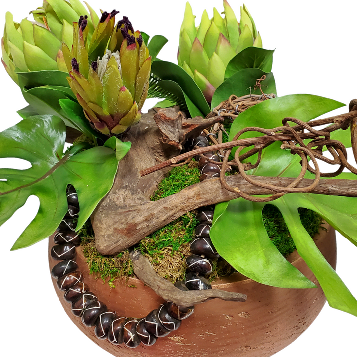 Protea, Tropical Leaves, African Beads, Driftwood and Kiwi in Bowl 15"H