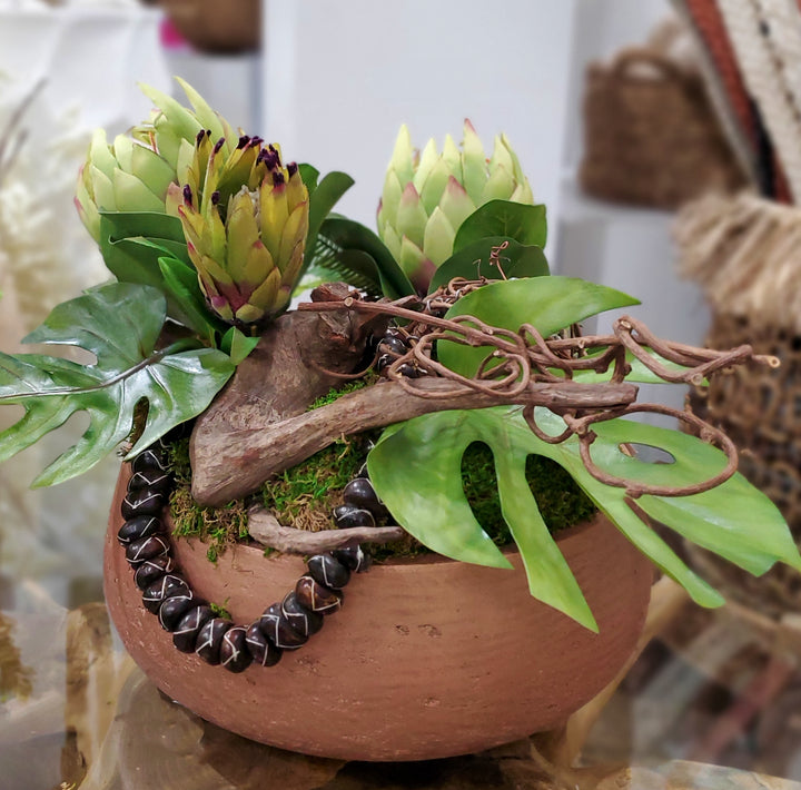 Protea, Tropical Leaves, African Beads, Driftwood and Kiwi in Bowl 15"H