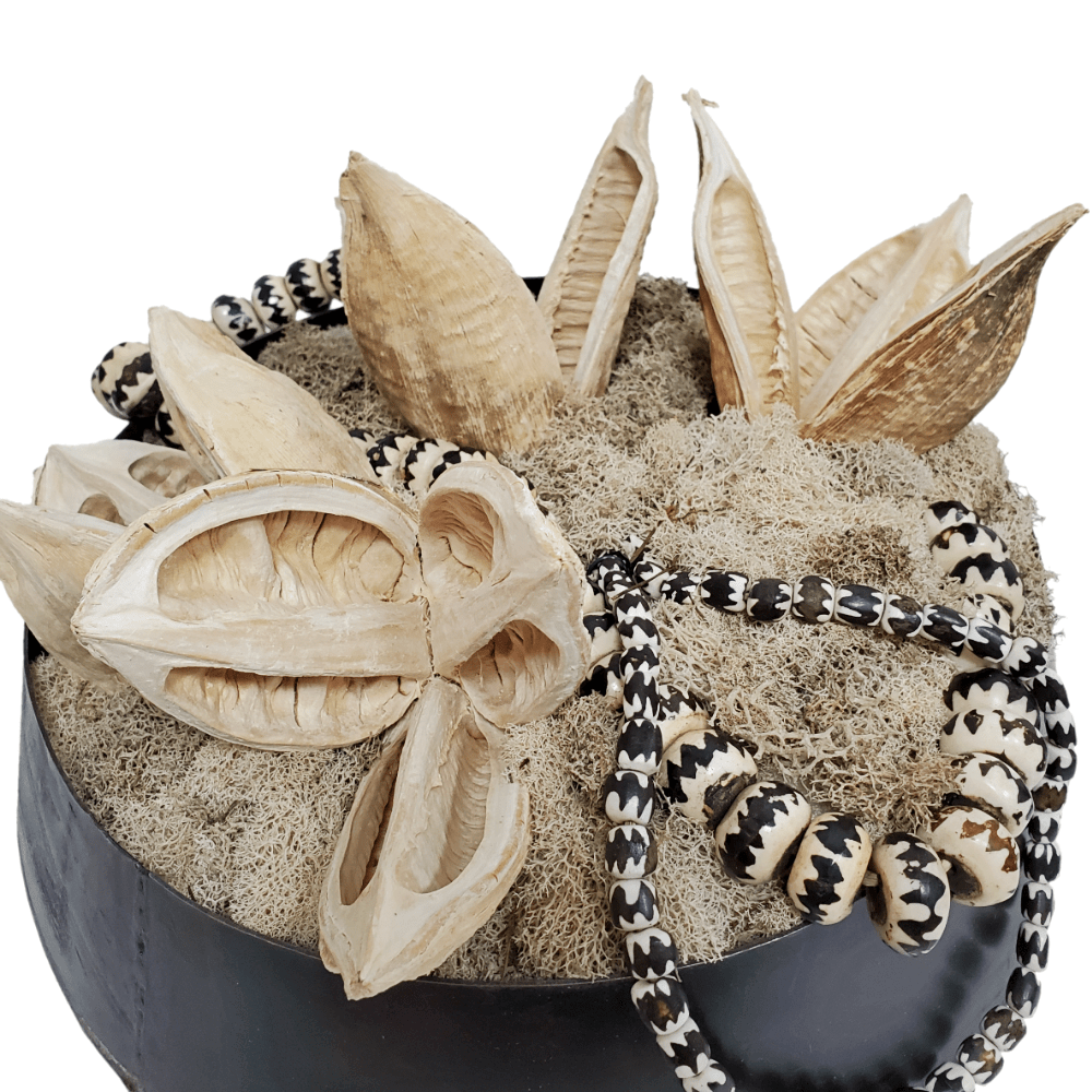 African Beads with Sora Pods and Reindeer Moss in Bowl 8"H - LDF SilkArtificial Flora