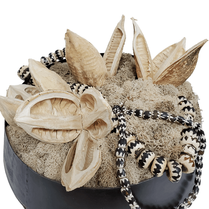 African Beads with Sora Pods and Reindeer Moss in Bowl 8"H - LDF SilkArtificial Flora