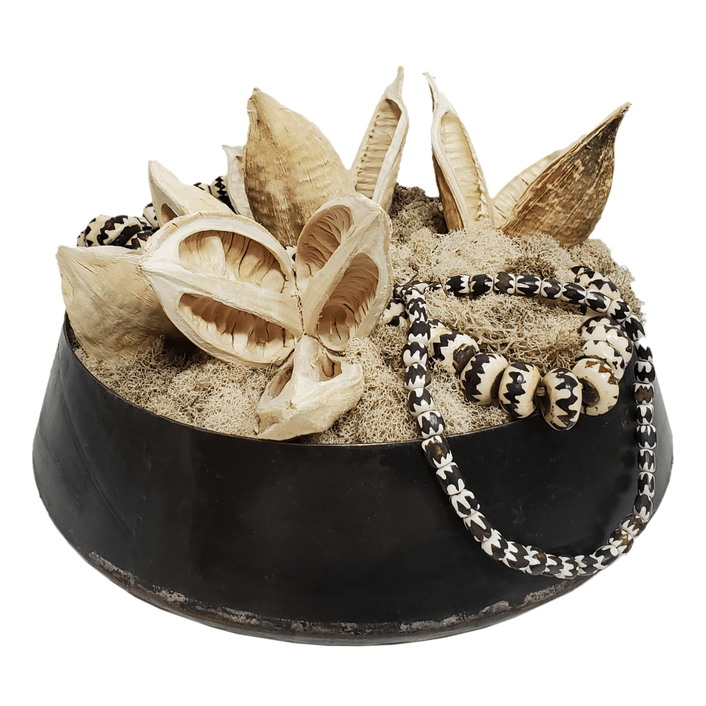 African Beads with Sora Pods and Reindeer Moss in Bowl 8"H - LDF SilkArtificial Flora